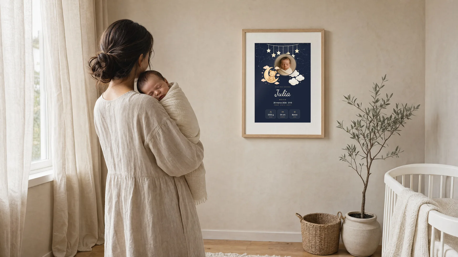 Mama z noworodkiem na rękach patrzy na metryczkę w dębowej ramie w pokoju dziecka